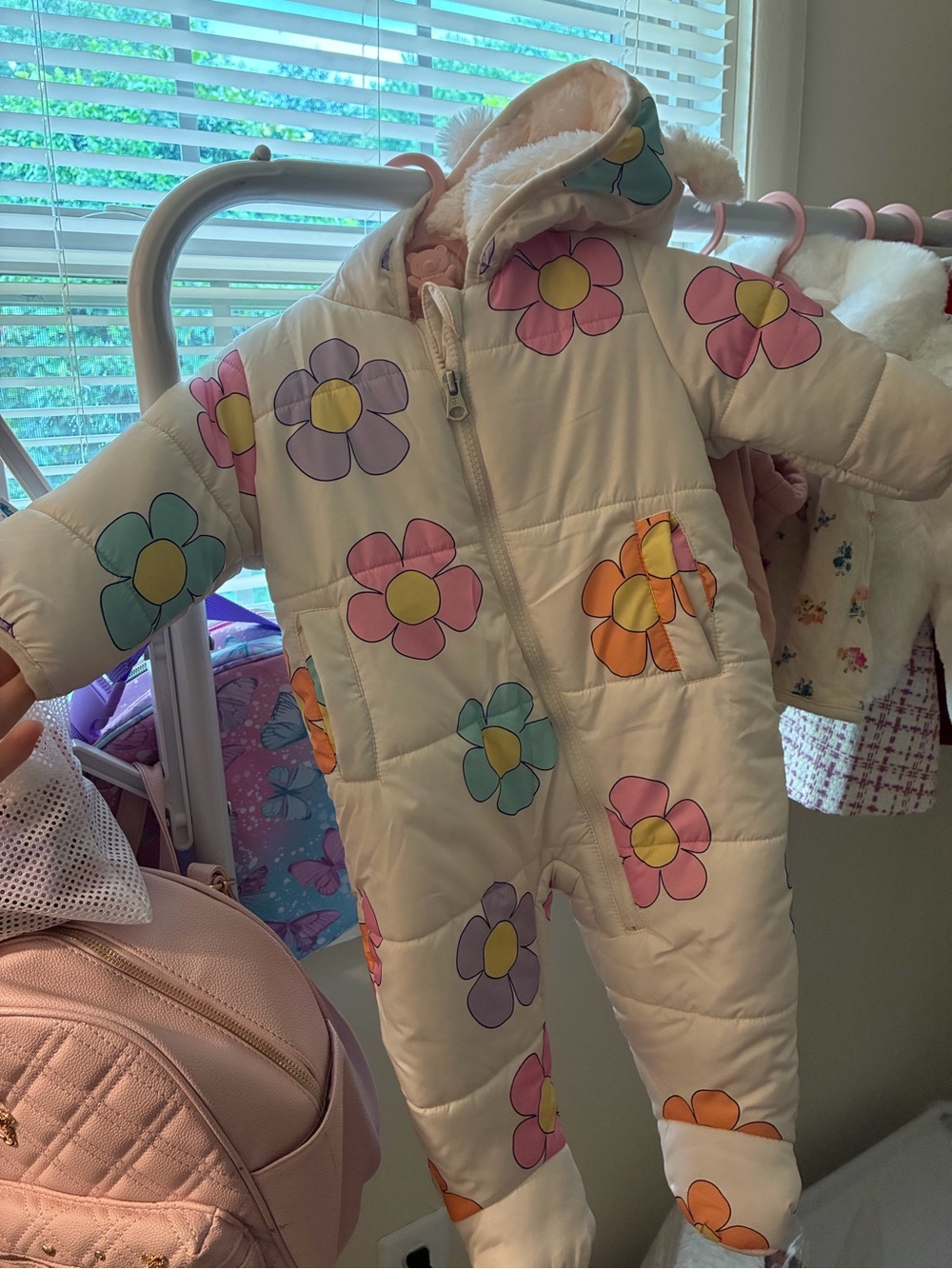 Toddler Floral Hooded One-Piece Snowsuit - Cream with Multicolor Flowers